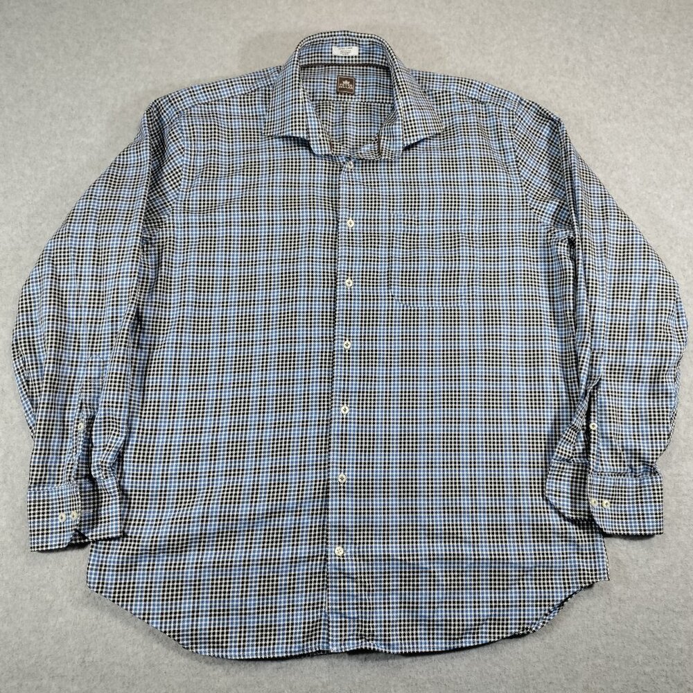 Peter Millar Spread Collar Shirt Mens XL Blue Plaid Long Sleeve Cotton Pocket